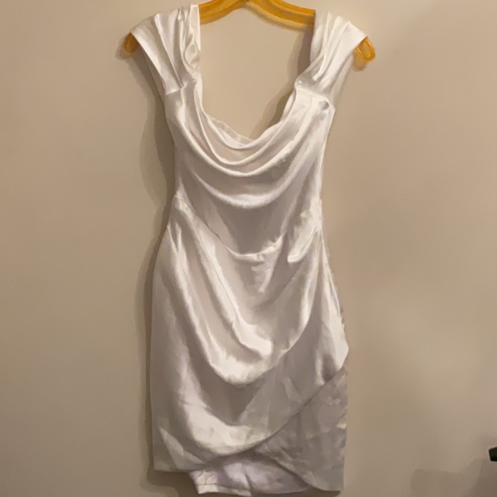 White Asymmetrical Ruched silk miss circle nyc Mini Dress off the shoulder